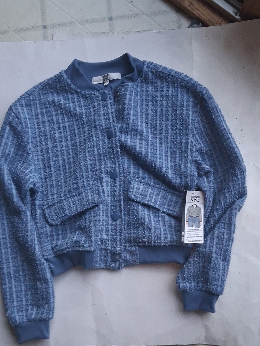 Modern Blue Bouclé Bomber Jacket by MANGO NYC